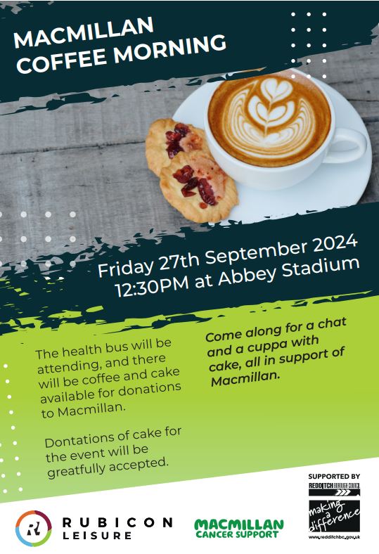 Macmillan Coffee Morning, 27/09/24 - 12:30 at Abbey Stadium